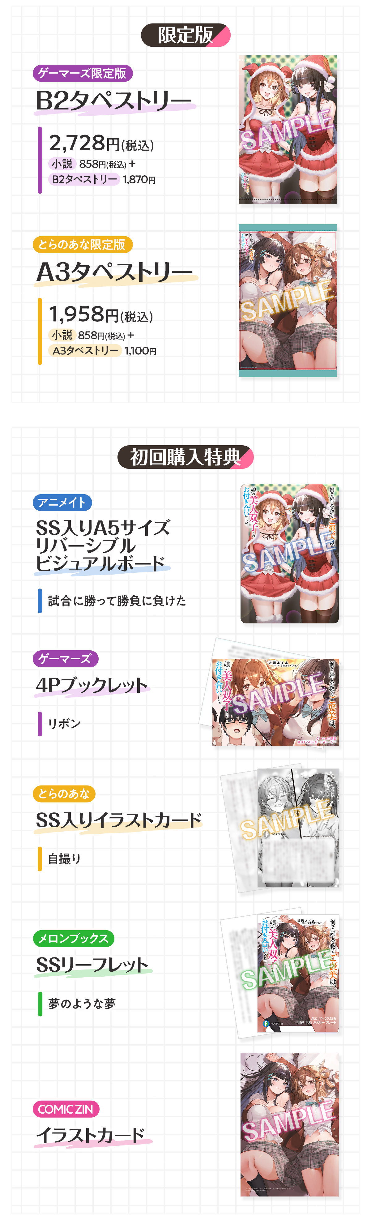 画像:購入特典一覧【限定版】ゲーマーズ限定版:B2タペストリー2,728円(税込)、とらのあな限定版:A3タペストリー1,958円(税込)【初回購入特典】アニメイト:SS入りA5サイズリバーシブルビジュアルボード、ゲーマーズ:4Pブックレット、とらのあな:SS入りイラストカード、メロンブックス:SSリーフレット、COMICZIN:イラストカード