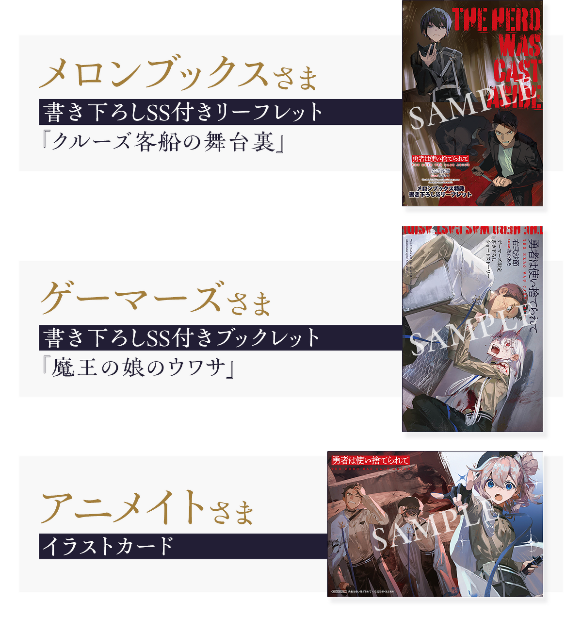 メロンブックス 書き下ろしSS付きリーフレット『クルーズ客船の舞台裏』 ゲーマーズ 書き下ろしSS付きブックレット『魔王の娘のウワサ』 アニメイト イラストカード