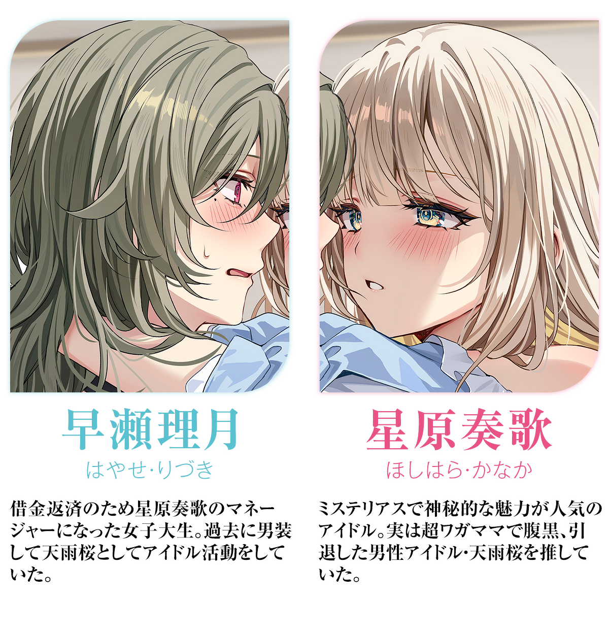 星原奏歌 ほしはら・かなか ミステリアスで神秘的な魅力が人気のアイドル。実は超ワガママで腹黒、引退した男性アイドル・天雨桜を推していた。 早瀬理月　はやせ・りづき 借金返済のため星原奏歌のマネージャーになった女子大生。過去に男装して天雨桜としてアイドル活動をしていた。