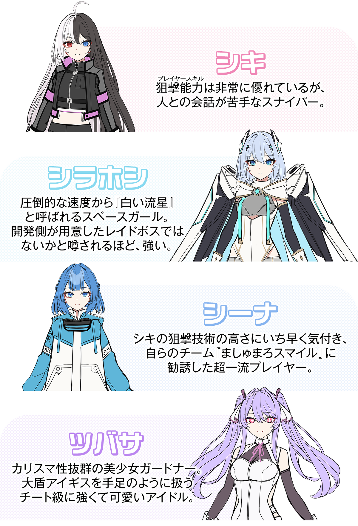 シキ 狙撃能力は非常に優れているが、人との会話が苦手なスナイパー。　シラホシ 圧倒的な速度から『白い流星』と呼ばれるスペースガール。開発側が用意したレイドボスではないかと噂されるほど、強い。　シーナ シキの狙撃技術の高さにいち早く気付き、自らのチーム『ましゅまろスマイル』に勧誘した超一流プレイヤー。　ツバサ カリスマ性抜群の美少女ガードナー。大盾アイギスを手足のように扱うチート級に強くて可愛いアイドル。