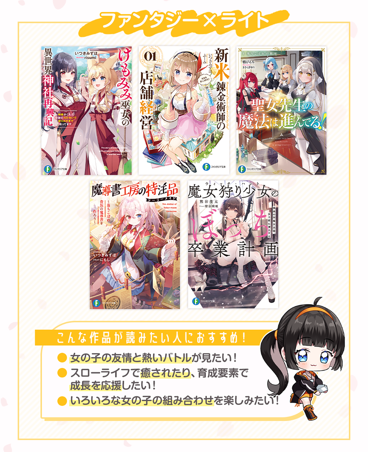 画像：『ファンタジー×ライトの作品』＊こんな作品が読みたい人におすすめ！・女の子の友情と熱いバトルが見たい！・スローライフで癒されたり、育成要素で成長を応援したい！・いろいろな女の子の組み合わせを楽しみたい！おすすめ作品：「けもみみ巫女の異世界神社再興記 神様がくれた奇跡の力のせいで祀られすぎて困ってます。」「新米錬金術師の店舗経営」「聖女先生の魔法は進んでる！」「魔導書工房の特注品 (テーラーメイド)」「魔女狩り少女のぼっち卒業計画」