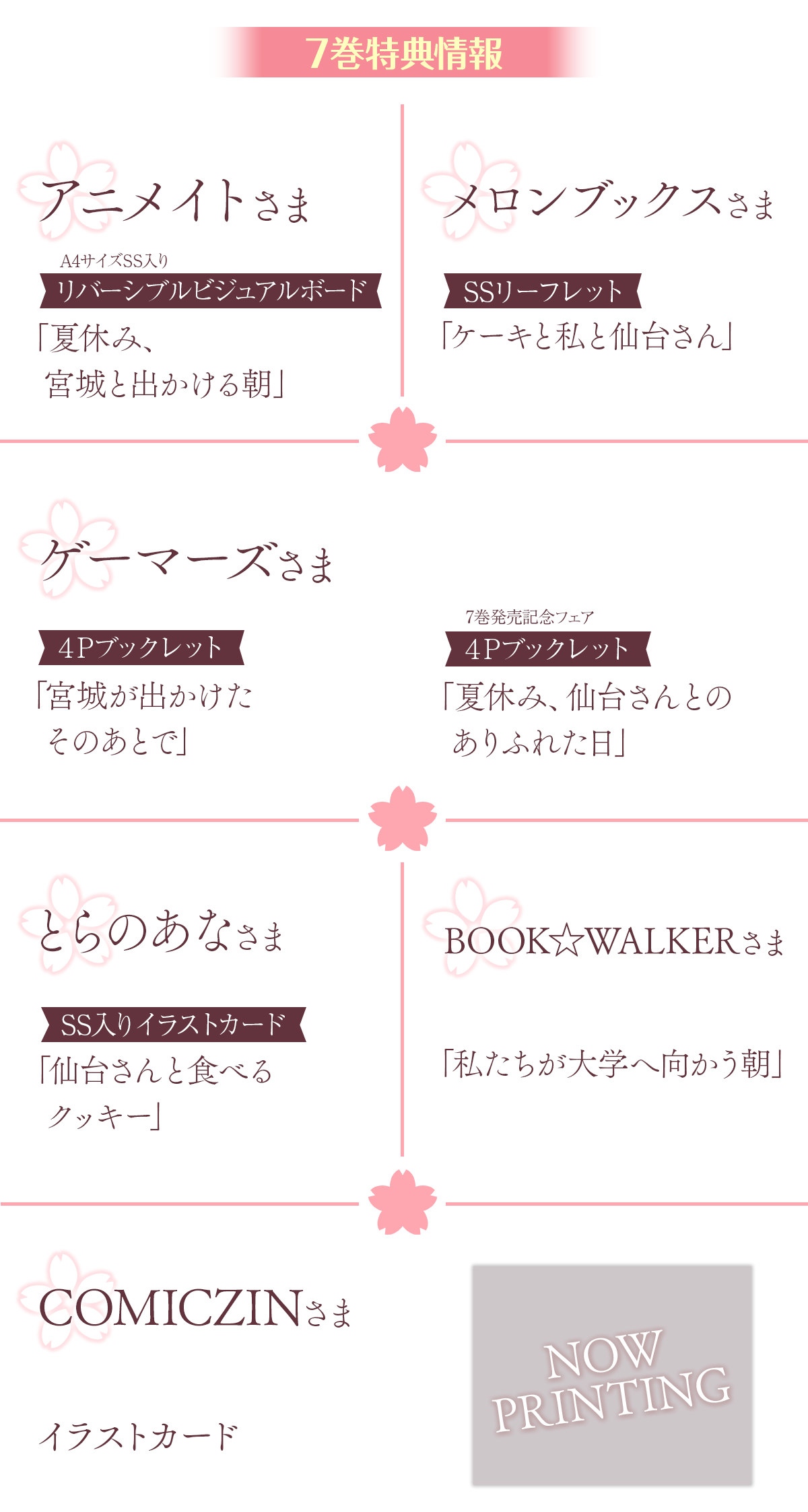 7巻無償特典情報、アニメイトさま:A4サイズSS入りリバーシブルビジュアルボード
「夏休み、宮城と出かける朝」、メロンブックスさま:SSリーフレット「ケーキと私と仙台さん」、ゲーマーズさま:4Pブックレット「宮城が出かけたそのあとで」4Pブックレット(7巻発売記念フェア)「夏休み、仙台さんとのありふれた日」、とらのあなさま:SS入りイラストカード「仙台さんと食べるクッキー」、BOOK☆WALKERさま:「私たちが大学へ向かう朝」、COMICZINさま:イラストカード