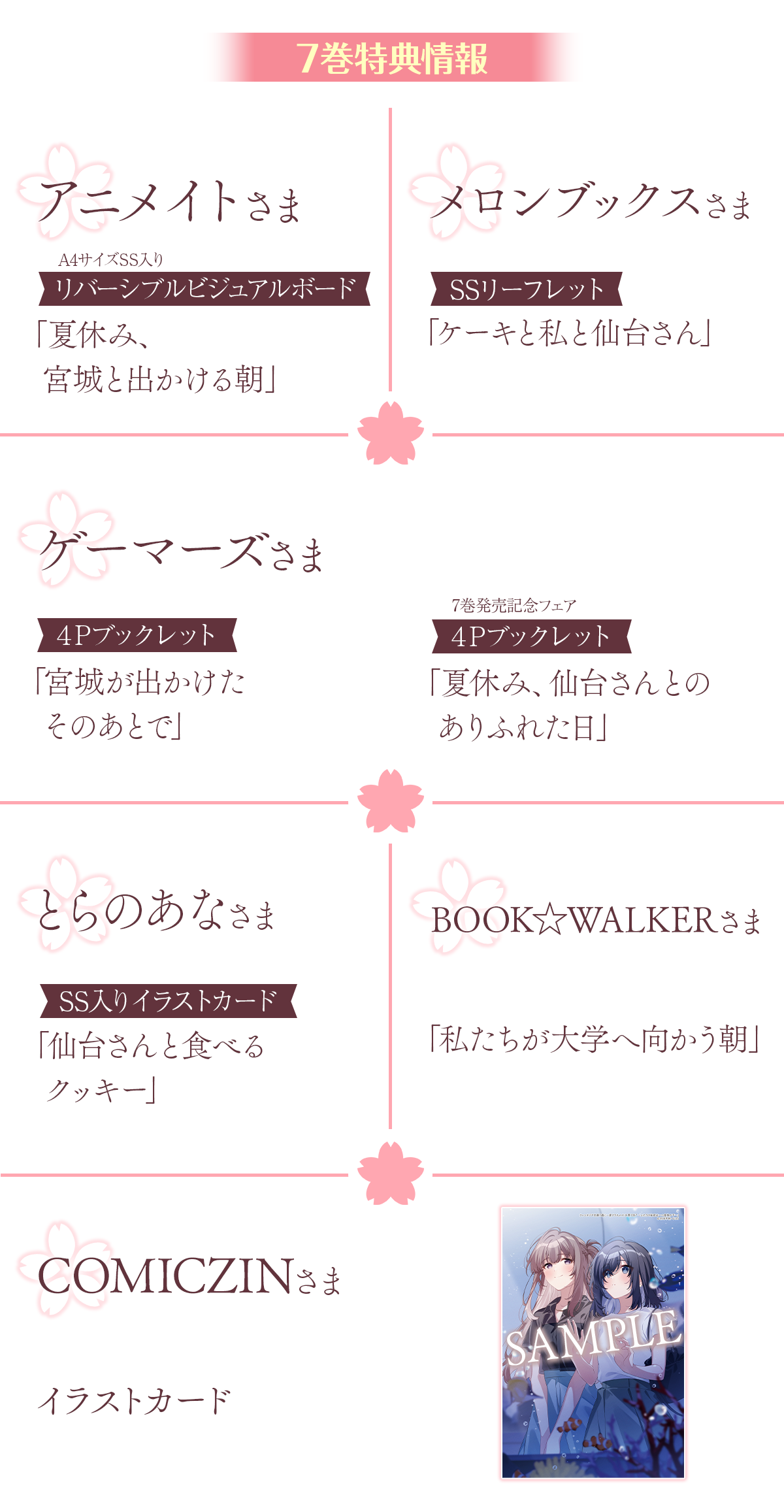 7巻無償特典情報、アニメイトさま：A4サイズSS入りリバーシブルビジュアルボード
「夏休み、宮城と出かける朝」、メロンブックスさま：SSリーフレット「ケーキと私と仙台さん」、ゲーマーズさま：4Pブックレット「宮城が出かけたそのあとで」4Pブックレット（7巻発売記念フェア）「夏休み、仙台さんとのありふれた日」、とらのあなさま：SS入りイラストカード「仙台さんと食べるクッキー」、BOOK☆WALKERさま：「私たちが大学へ向かう朝」、COMICZINさま：イラストカード