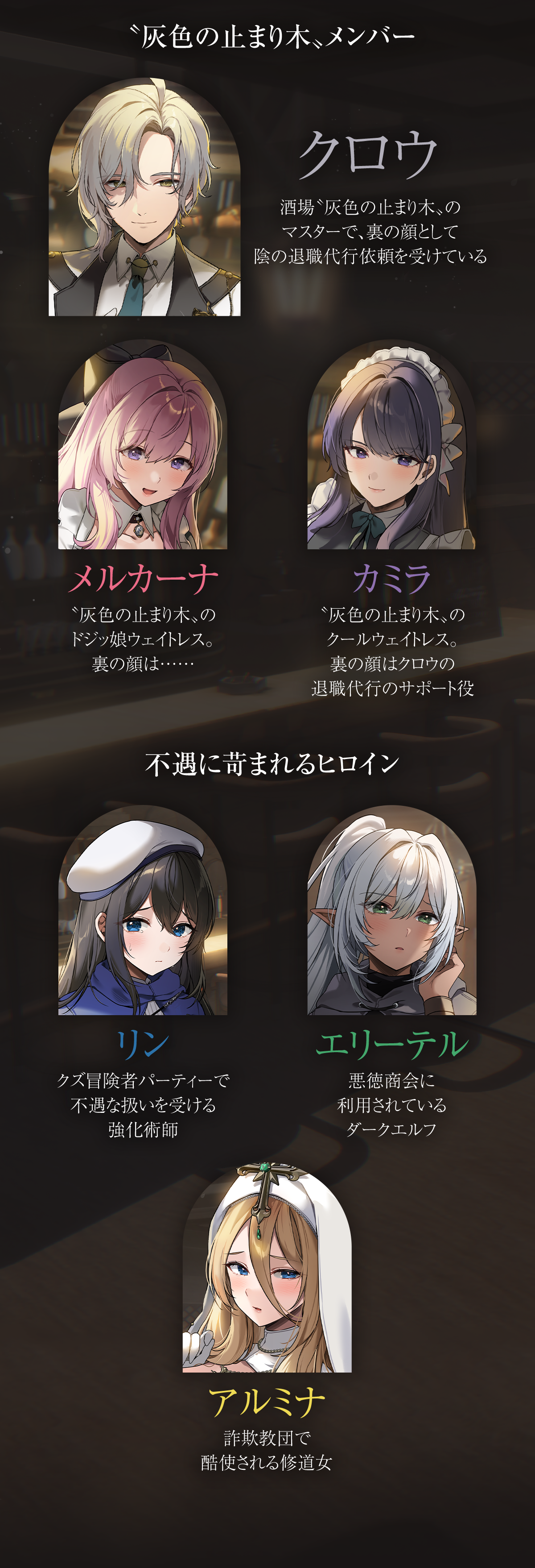 『その『ざまぁ』請け負います』キャラクター:〝灰色の止まり木〟メンバー「メルカーナ」〝灰色の止まり木〟のドジッ娘ウェイトレス。裏の顔は……「クロウ」酒場〝灰色の止まり木〟のマスターで、裏の顔として陰の退職代行依頼を受けている「カミラ」〝灰色の止まり木〟のクールウェイトレス。裏の顔はクロウの退職代行のサポート役【不遇に苛まれるヒロイン】「リン」クズ冒険者パーティーで不遇な扱いを受ける強化術師「エリーテル」悪徳商会に利用されているダークエルフ「アルミナ」詐欺教団で酷使される修道女