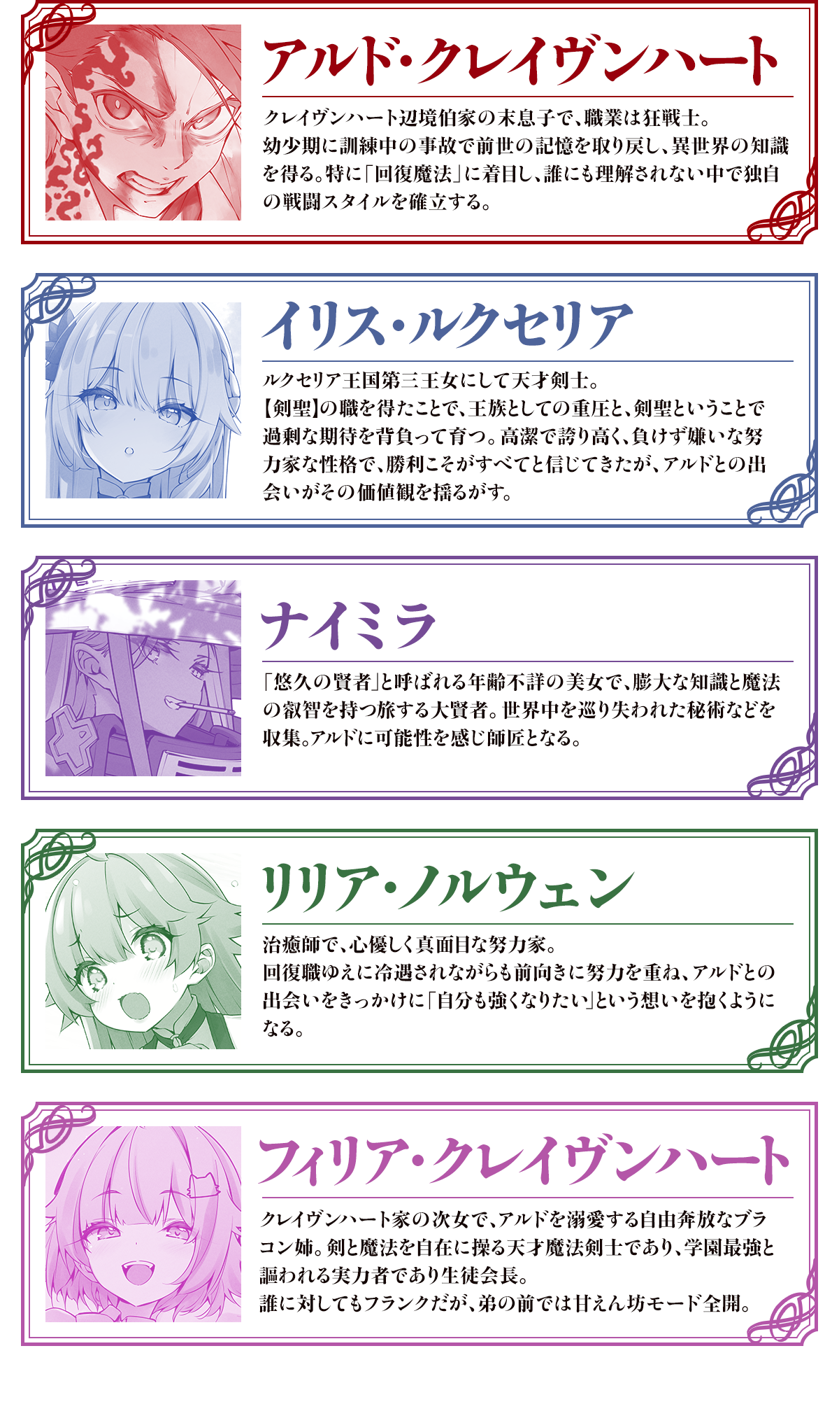 アルド・クレイヴンハートクレイヴンハート辺境伯家の末息子で、職業は狂戦士。幼少期に訓練中の事故で前世の記憶を取り戻し、異世界の知識を得る。特に「回復魔法」に着目し、誰にも理解されない中で独自の戦闘スタイルを確立する。イリス・ルクセリアルクセリア王国第三王女にして天才剣士。【剣聖】の職を得たことで、王族としての重圧と、剣聖ということで過剰な期待を背負って育つ。高潔で誇り高く、負けず嫌いな努力家な性格で、勝利こそがすべてと信じてきたが、アルドとの出会いがその価値観を揺るがす。ナイミラ「悠久の賢者」と呼ばれる年齢不詳の美女で、膨大な知識と魔法の叡智を持つ旅する大賢者。世界中を巡り失われた秘術などを収集。アルドに可能性を感じ師匠となる。リリア・ノルウェン治癒師で、心優しく真面目な努力家。回復職ゆえに冷遇されながらも前向きに努力を重ね、アルドとの出会いをきっかけに「自分も強くなりたい」という想いを抱くようになる。控えめながら芯が強く、時折天然な言動で周囲を和ませる存在。フィリア・クレイヴンハートクレイヴンハート家の次女で、アルドを溺愛する自由奔放なブラコン姉。剣と魔法を自在に操る天才魔法剣士であり、学園最強と謳われる実力者であり生徒会長。誰に対してもフランクだが、弟の前では甘えん坊モード全開。