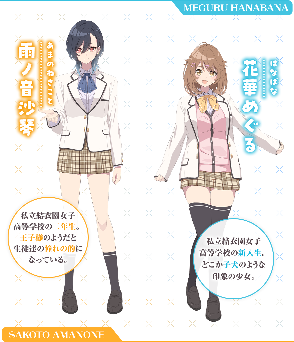 『「え、私がそっちなの!?」子犬系後輩彼女に食べられるカッコいい私』キャラクター：雨ノ音沙琴
(あまのねさこと)二年生。その容姿から女子校の王子様として振る舞っているが……？花華(はなばな)めぐる私立結衣園女子高等学校の新入生。童顔で、どこか子犬のような印象の少女。