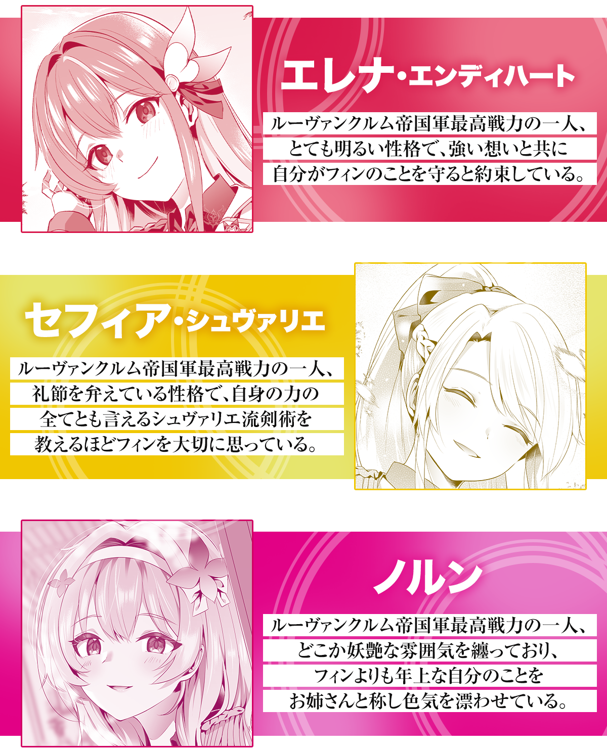 『誠実すぎる少年の追放先が、男嫌いな美少女しかいない最強部隊だったら？』キャラクター：「エレナ・エンディハート」ルーヴァンクルム帝国軍最高戦力の一人、とても明るい性格で、強い想いと共に自分がフィンのことを守ると約束している。「セフィア・シュヴァリエ」ルーヴァンクルム帝国軍最高戦力の一人、礼節を弁えている性格で、自身の力の全てとも言えるシュヴァリエ流剣術を教えるほどフィンを大切に思っている。「ノルン」ルーヴァンクルム帝国軍最高戦力の一人、どこか妖艶な雰囲気を纏っており、フィンよりも年上な自分のことをお姉さんと称し色気を漂わせている。