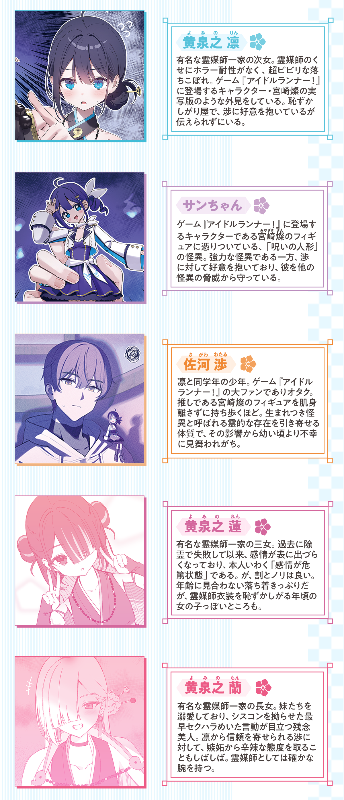 『憑かれたカノジョいわく、勝手にカラダが俺に甘えちゃうらしい』キャラクター：黄泉之 凛（よみの りん）
有名な霊媒師一家の次女。霊媒師のくせにホラー耐性がなく、超ビビリな落ちこぼれ。ゲーム『アイドルランナー！』に登場するキャラクター・宮崎燦（みやざき さん）の実写版のような外見をしている。恥ずかしがり屋で、渉に好意を抱いているが伝えられずにいる。
サンちゃんゲーム『アイドルランナー！』に登場するキャラクターである宮崎燦のフィギュアに憑りついている、「呪いの人形」の怪異。強力な怪異である一方、渉に対して好意を抱いており、彼を他の怪異の驚異から守っている。
佐河 渉（さがわ わたる）凛と同学年の少年。ゲーム『アイドルランナー！』の大ファンでありオタク。推しである宮崎燦のフィギュアを肌身離さずに持ち歩くほど。生まれつき怪異と呼ばれる霊的な存在を引き寄せる体質で、その影響から幼い頃より不幸に見舞われがち。
黄泉之 蓮（よみの れん）有名な霊媒師一家の三女。過去に霊媒で失敗して以来、感情が表に出づらくなっており、本人いわく「感情が危篤状態」である。が、割とノリは良い。年齢に見合わない落ち着きっぷりだが、霊媒師衣装を恥ずかしがる年頃の女の子っぽいところも。
黄泉之 蘭（よみの らん）有名な霊媒師一家の長女。妹たち――特に次女である凛を溺愛しており、シスコンを拗らせた最早セクハラめいた言動が目立つ残念美人。凛から信頼を寄せられる渉に対して、嫉妬から辛辣な態度を取ることもしばしば。霊媒師としては確かな腕を持つ。