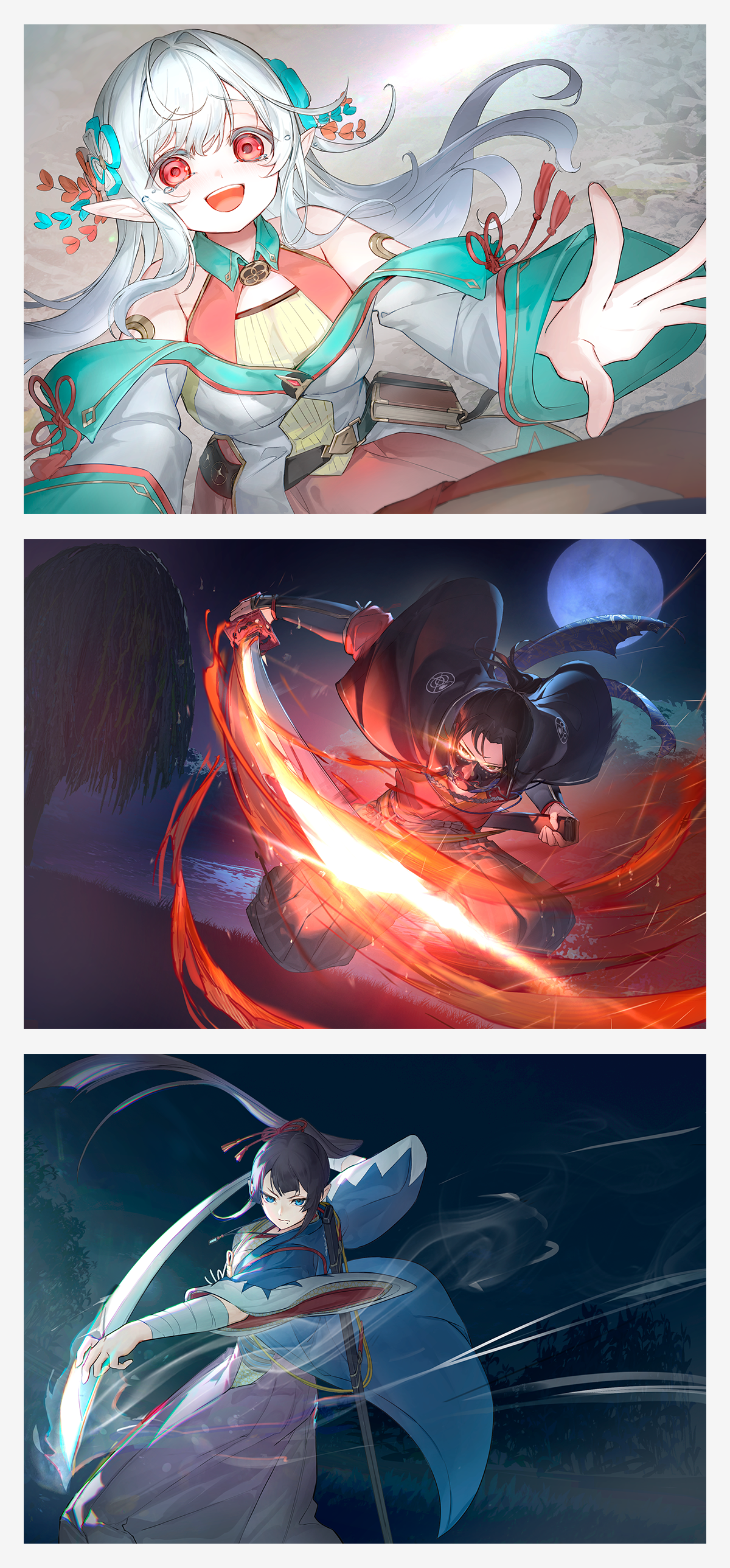 『幕末エルフ』イラストを先行公開！①メスティーが笑顔で手を広げているイラスト②己道が夜に刀で攻撃をしているイラスト③アキが夜に刀を構えているイラスト