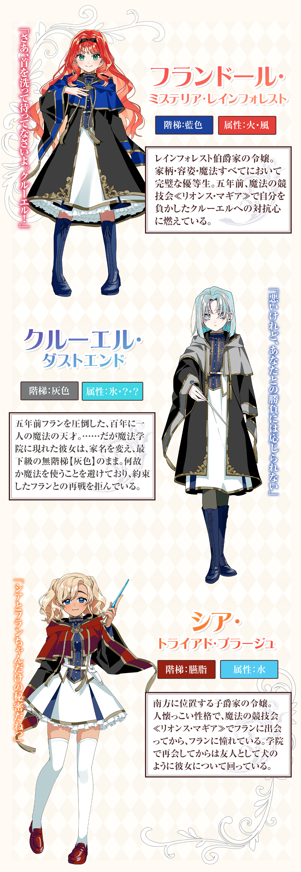 『人生全部賭けても、銀の魔女に勝ちたい』キャラクター：・フランドール・ミステリア・レインフォレスト
「さあ、首を洗って待ってなさいよ。クルーエル！」
階梯：藍色 属性：火・風
レインフォレスト伯爵家の令嬢。家柄・容姿・魔法すべてにおいて完璧な優等生。五年前、魔法の競技会≪リオンス・マギア≫で自分を負かしたクルーエルへの対抗心に燃えている。
・クルーエル・ダストエンド
「悪いけれど、あなたとの勝負には応じられない」
階梯：灰色 属性：氷・？・？
五年前フランを圧倒した、百年に一人の魔法の天才。……だが魔法学院に現れた彼女は、家名を変え、最下級の無階梯【灰色】のまま。何故か魔法を使うことを避けており、約束したフランとの再戦を拒んでいる。
・シア・トライアド・プラージュ
「シアとフランちゃんだけの秘密だねっ」
階梯：臙脂 属性：水
南方に位置する子爵家の令嬢。人懐っこい性格で、魔法の競技会≪リオンス・マギア≫でフランに出会ってから、フランに憧れている。学院で再会してからは友人として犬のように彼女について回っている。
