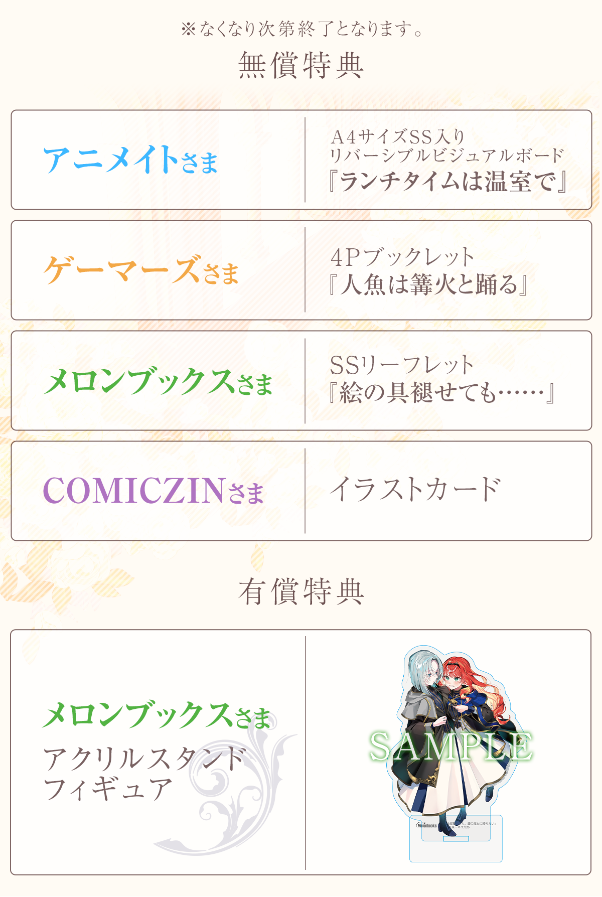 『人生全部賭けても、銀の魔女に勝ちたい』（有償特典）・メロンブックスさま　アクリルスタンドフィギュア
（無償特典）・アニメイトさまA4サイズSS入りリバーシブルビジュアルボード・ゲーマーズさま4Pブックレット・メロンブックスさまSSリーフレット・COMICZINさまイラストカード〇サポーター店（配布店舗一覧はこちら！）・ポストカード