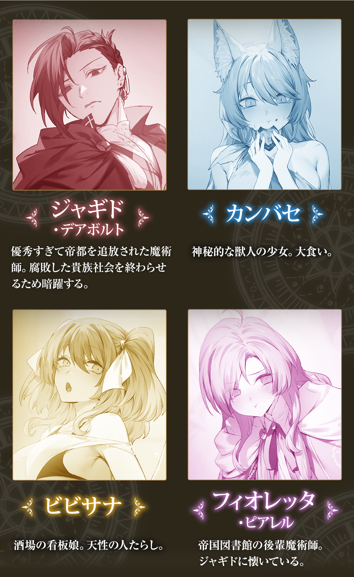 『優秀すぎて追放された平民魔術師、無能のフリしてゴミ貴族を蹂躙する』キャラクター：ジャギド・デアボルト：優秀すぎて帝都を追放された魔術師。腐敗した貴族社会を終わらせるため暗躍する。カンバセ：神秘的な獣人の少女。大食い。ビビサナ：酒場の看板娘。天性の人たらし。フィオレッタ・ピアレル：帝国図書館の後輩魔術師。ジャギドに懐いている。