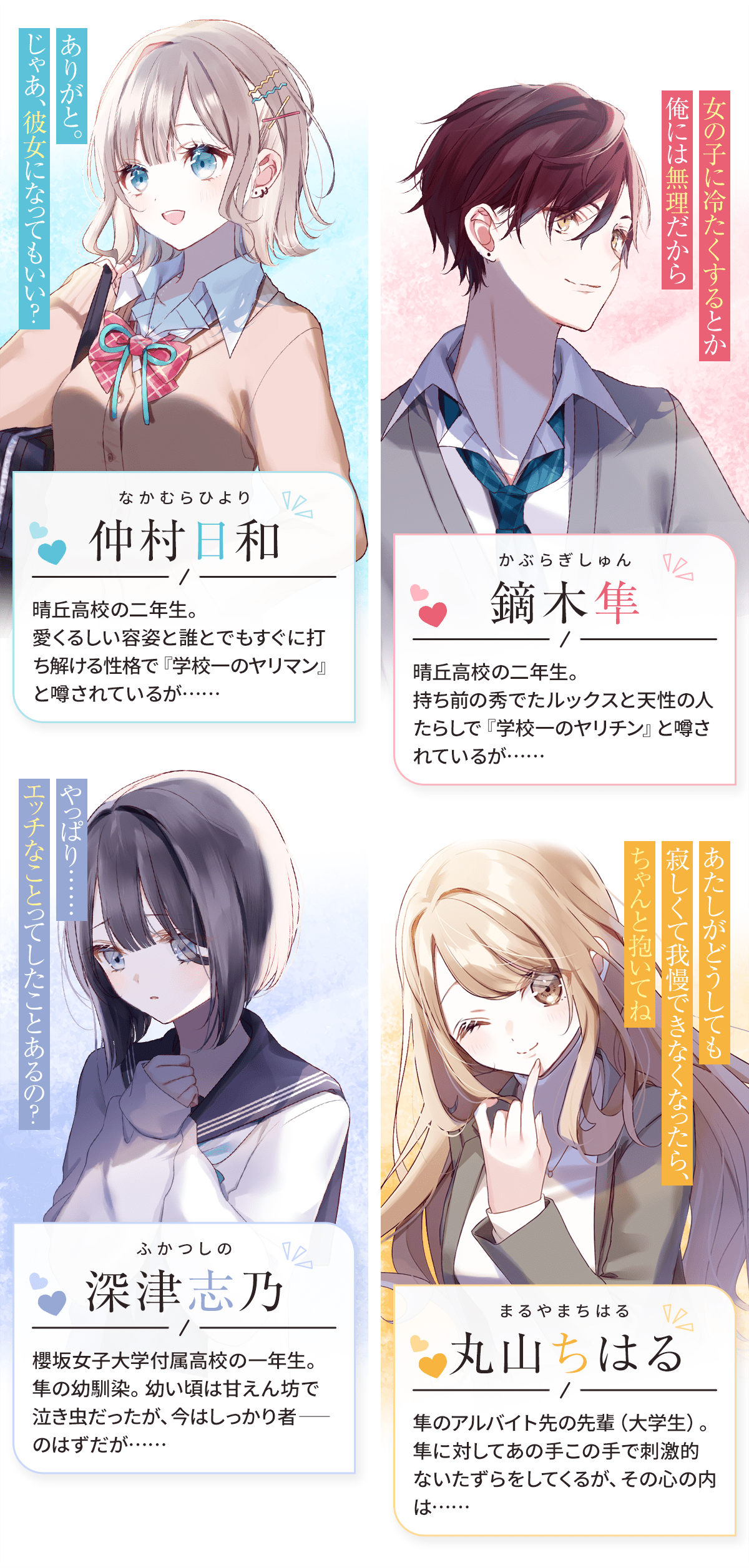 『あのね、じつは、はじめてなんだ。 ゆるそうでうぶな彼女との初体験まで、あと87日』登場人物